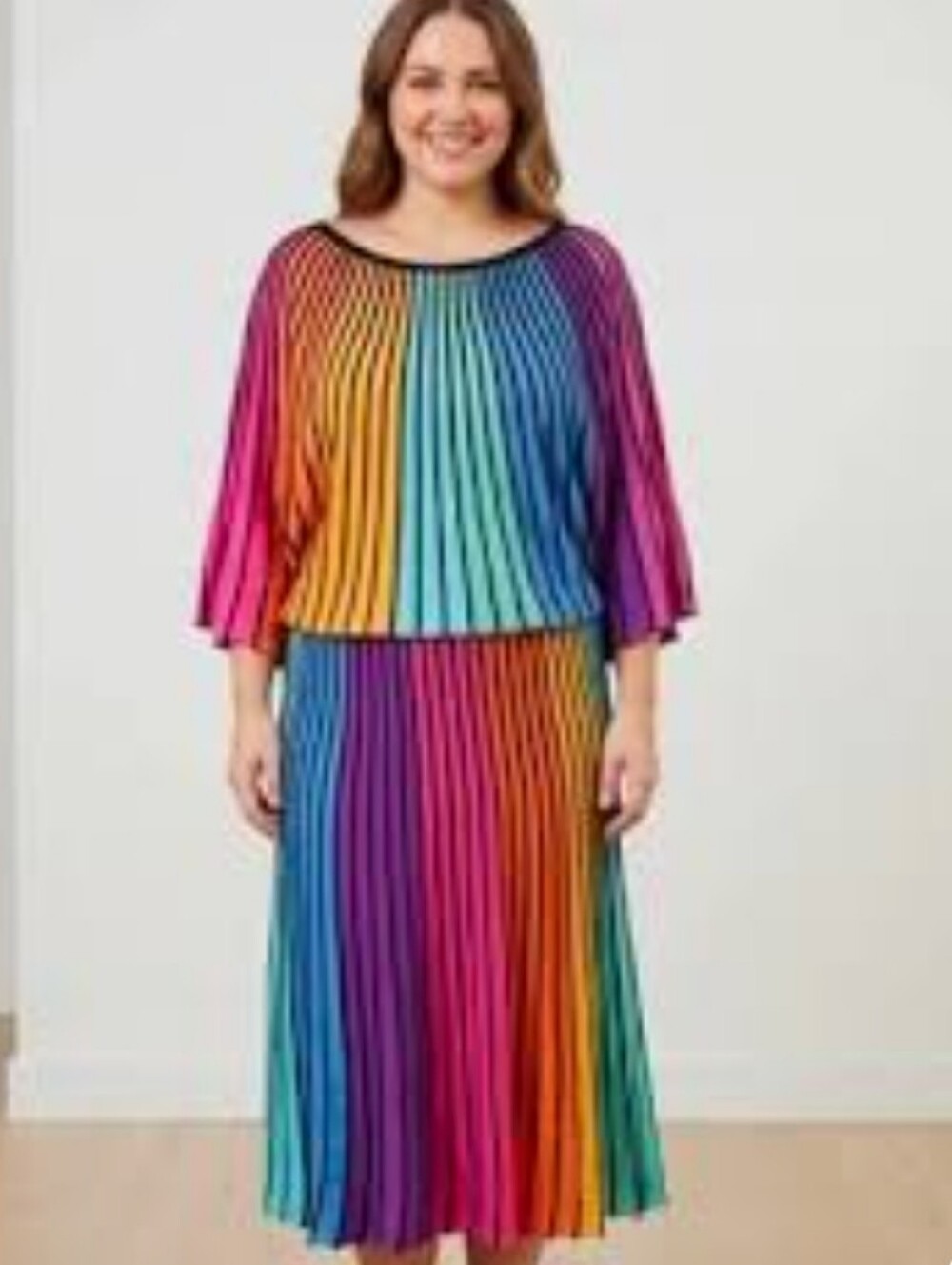 7th Avenue Multicolor Pleated Midi Skirt and matching top Set - Vibrant Rainbow